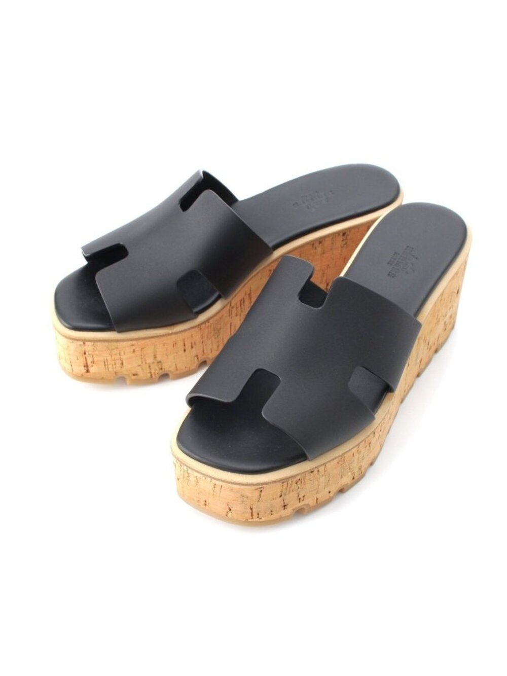 Hermes Eze Leather Rubber Cork Wedge Sole H Motif Sandals Black Brown
